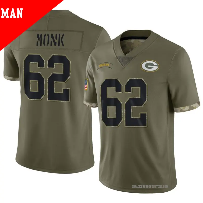 Men's ＃62 Jacob Monk Green Bay Packers Limited Olive 2022 Salute To Service Jersey
