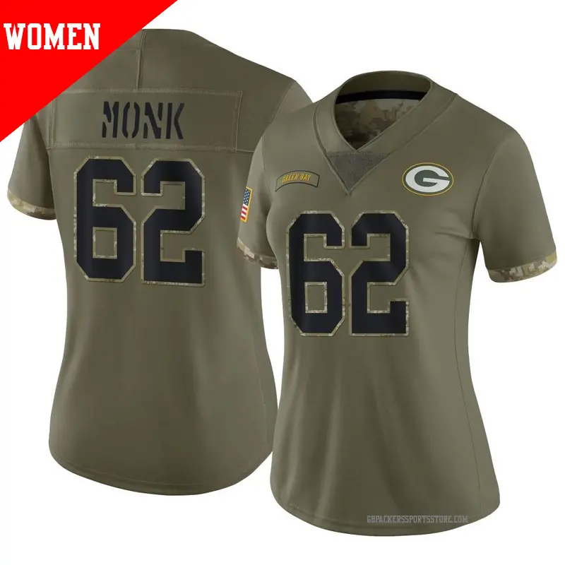 Women's ＃62 Jacob Monk Green Bay Packers Limited Olive 2022 Salute To Service Jersey