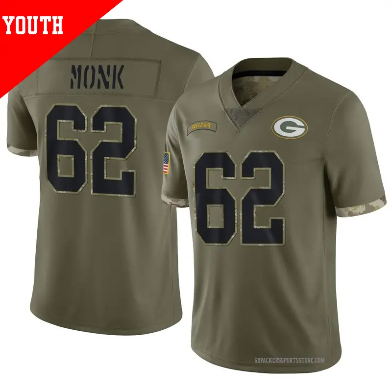 Youth ＃62 Jacob Monk Green Bay Packers Limited Olive 2022 Salute To Service Jersey